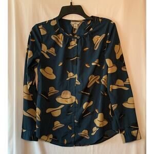 G.H. Bass Snap Button Blouse Women's XS Blue Hat Pattern Long Sleeve